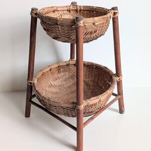 Vintage Asian Two Tier Bamboo Rattan Wicker Basket Fruit Basket